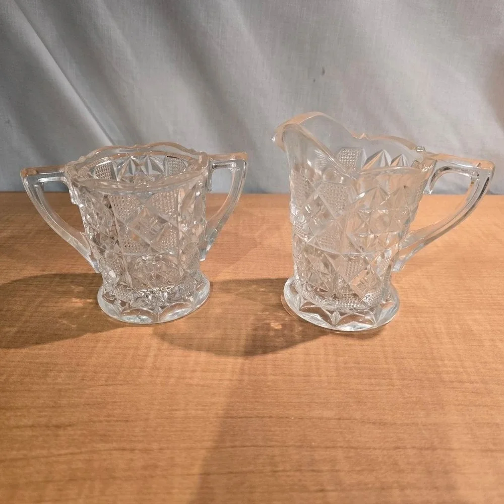 Clear Crystal cream & sugar set HEAVY Etched glass Sunburst Early‎ American